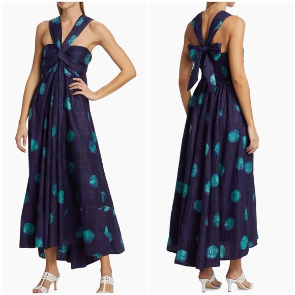 Elisamama Anike Maxi Dress Women Small Navy Blue African Cotton Halter Polka Dot - Picture 1 of 16